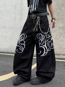 1pc Casual Loose Fit Embroidered Straight Leg Jeans, American Street Style, Suitable For All Seasons, No Belt & Accessories - الأسود - مشاهدة 1
