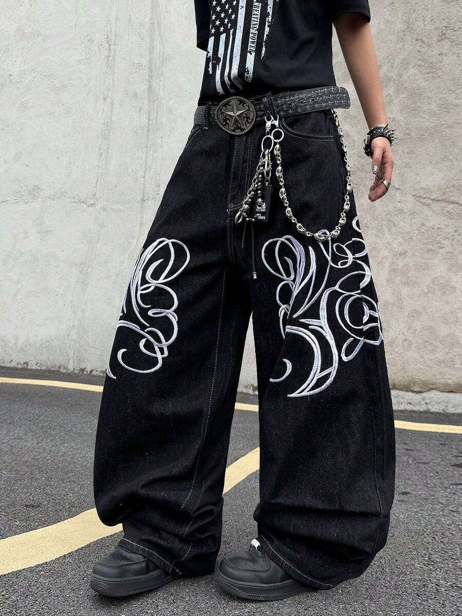 1pc Casual Loose Fit Embroidered Straight Leg Jeans, American Street Style, Suitable For All Seasons, No Belt & Accessories - الأسود - مشاهدة 1