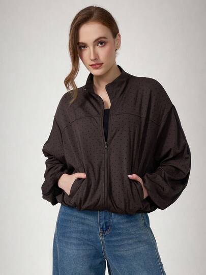 Jaket Wanita Retro Motif Polkadot dengan Resleting, Kerah Tegak, Lengan Pendek Model Batwing, Cocok untuk Musim Gugur, Musim Dingin, Yoga, Lari, Gym, dan Natal.