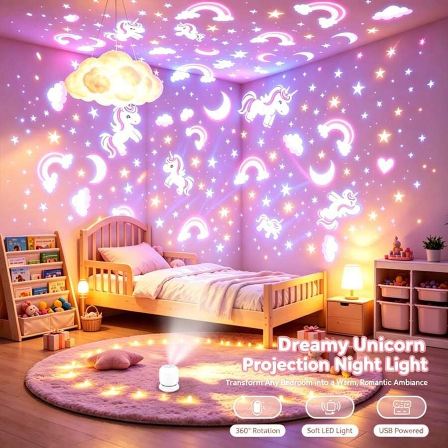 Creative LED Dynamic Projector Night Light, Unicorn Projection Lamp, 360° Rotating Dynamic Projection Table Lamp, USB Powered Ambient Light, Bedroom, Game Room, Living Room. Camping RV Halloween Decoration Lighting - White - View 1