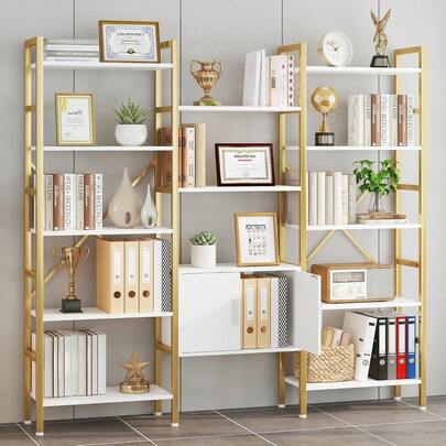 White & Gold Triple Wide Tall Bookshelf By Yusong, 5 Tier Bookcase With Storage Cabinet, Industrial Large Bookshelves Featuring 12 Open Display Shelves For Home Office & Living Room Decor