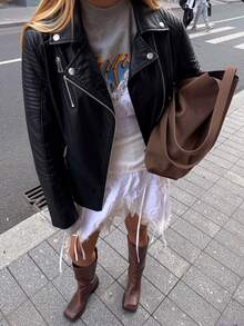 Women's Faux Leather Jacket, Casual Short PU Motorcycle Jacket Black Fall - Black - View 8