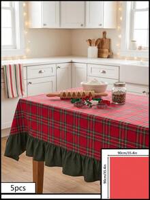 1pc Red & Green Classic Large Plaid Tablecloth, Traditional Country Style, Rectangular Green Leaf Edge With Pleated Details, Stain-Resistant Protective Table Cover, Functional Home Long Tablecloth Suitable For Christmas Family Gatherings And Winter Holiday Kitchen Decor - Red - View 15