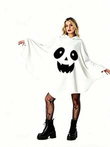1pc Halloween Ghost Hooded Costume Adult Funny Pumpkin Face Cape Cosplay Outfit Prop - White - View 2