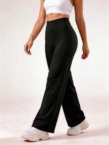 Solid Color High Waist Casual Straight Leg Stretch Pants Black - Black - View 2