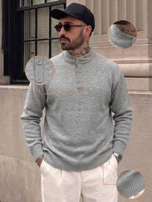 Lookun Sweater Pullover Longgar Leher Bulat Kancing Setengah untuk Pria, Gaya Sederhana, Kasual, Liburan, Perjalanan Sehari-hari, Pakaian Rumah, Musim Gugur/Dingin - Grey - View 2