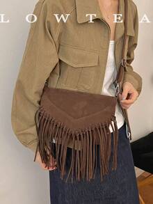 low tea 1pc Fashionable Tassel Suede Fabric Shoulder Bag, Suitable For Commuting, Shopping And More - Coffee - View 13