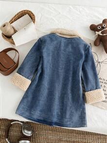 Girls' Mid-Length Thermal-Lined Denim Jacket With Lambswool Collar And Cuffs, Thickened Autumn/Winter Coat - Blue - View 4