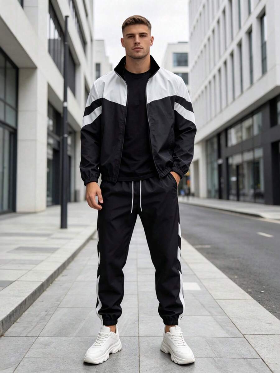 1 Set Pakaian Olahraga Pria Warna Blok Musim Semi/Gugur, Jaket Kerah Tegak dengan Resleting & Celana Jogger Garis Samping, Set Kasual 2 Potong untuk Perjalanan Kota - Hitam dan Putih - View 1