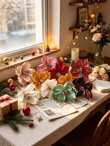 1Pc Glitter Velvet Artificial Christmas Poinsettia Flowers,Beaded Fabric Floral Picks,Decorative Flower Stems For Christmas Tree,Table Centerpiece - Multicolor - View 9