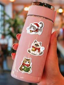 50Pcs Christmas Cat Aesthetic Stickers, Cute Xmas Kitten Character Stickers, PVC Waterproof Self-Adhesive Decals For Journals, Laptops, Water Bottles - Multicolor - View 5