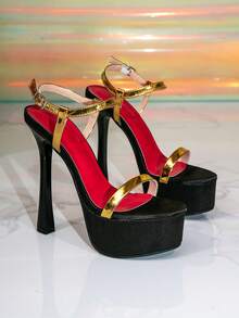 Women's Thick Platform Round Toe Gold Party Stiletto High Heel Sandals, Suitable For Going Out - Gold - View 2