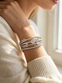 Gelang Wanita Seri Swarovski Hyperbola, Gelang Kristal Premium Terbuka, Perhiasan Fashion Logam Dua Warna Berlapis Rhodium, Aksesori Hadiah - Clear - View 2