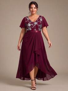 Plus Size Autumn Elegant V-Neck Sequin Chiffon Patchwork Asymmetric Ruffle Hem Burgundy Formal Bridesmaid/Mother Of The Bride Wedding Dress - Burgundy - View 7
