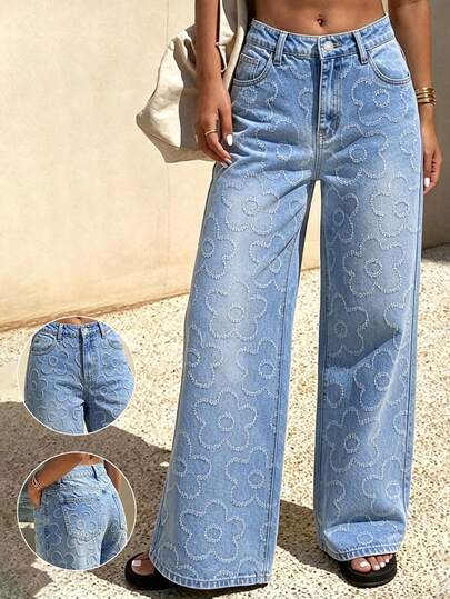 Jeans de pierna ancha para mujer con bordado floral azul claro, pierna recta, denim casual, profesional de negocios, Y2K, elegante, vacaciones, otoño e invierno