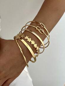 12/6pcs Multi-Piece Stackable Fashion Minimalist Elegant Exquisite Vintage Design Geometric Ribbon Wave Heart Flower Twist Love Text Multi-Element Polished Minimalist Plain Metal Chunky Bangle Bracelet Set, Holiday Vacation Party Date Gift, Daily Commute Wear, Personalized - Yellow Gold - View 4