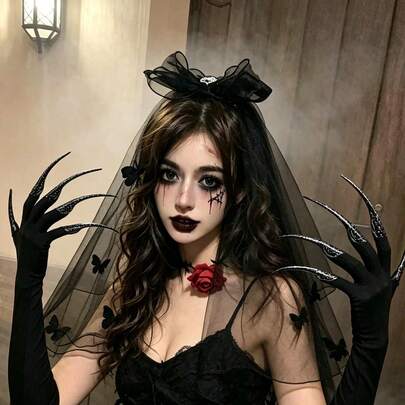 3pcs Dark Style Halloween Cosplay Set, Black Bow Veil, Long Claw Gloves, Women's Gothic Stage Performance Carnival Party Costume Accessories