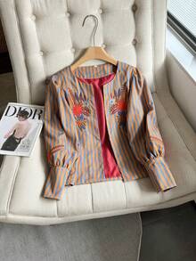 Women's Open Front Printed Embroidered Long Petal Sleeve Round Neck Loose Short Woven Blue & Orange Jacket, Vintage Casual Weekend Outfit, Spring/Autumn - Orange Blue - View 7