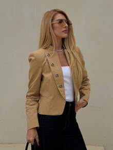 Solstice Apparel Women Khaki Stand Collar Cropped Blazer, Vintage Metal Badge Button Fitted Jacket - Camel - View 3