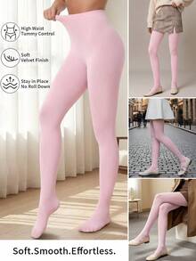 1 Pair Women's Light Pink Matte Velvet Tights, High Elasticity Skin-Friendly Slimming Leggings For Dating And Daily Wear - Baby Pink - View 2