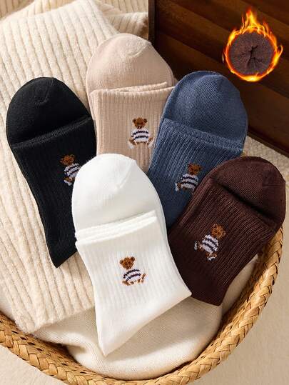 2 Pairs Women's Ankle Socks, White And Black Bear Pattern Mid-Calf Socks, Suitable For Autumn/Winter Season To Protect Calves
