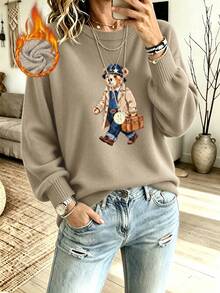 Women's Plus-Size Casual, Cute Faux-Knit Sweater Featuring A Stylish Bear Graphic-A Versatile Top Perfect For Everyday Wear In Autumn And Winter. - Camel - View 3