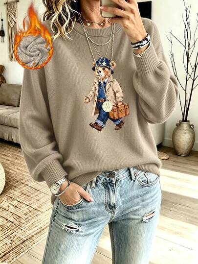 Women's Plus-Size Casual, Cute Faux-Knit Sweater Featuring A Stylish Bear Graphic-A Versatile Top Perfect For Everyday Wear In Autumn And Winter.