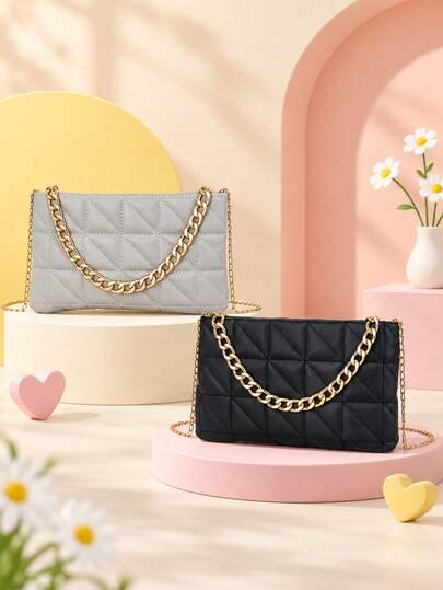 1pc Girls' Solid Color Geometric Quilted Chain Bag, Detachable Thin Chain Shoulder Strap, Fashion Date Commute Small Square Bag