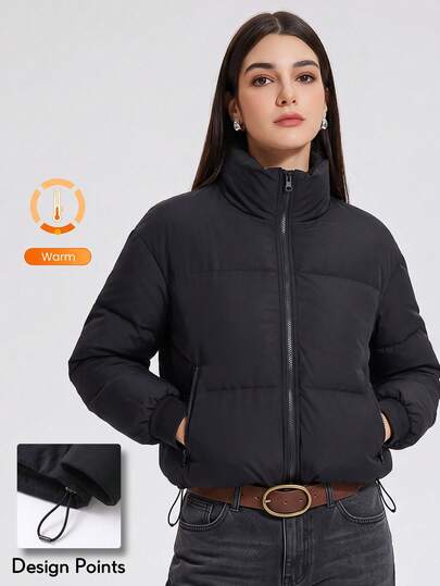 KyrLssu Women Stand Collar Padded Coat, Zip Up Short Padded Outerwear, Relaxed Fit Casual Winter Jacket, Simple Loose Warm Daily Outer Garment