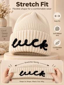 Women's Embroidered Knit Beanie, Soft Ribbed Winter Hat With Folded Brim, Warm Elastic Casual Cap, Suitable For Cold Weather, Outdoor Walking, Commuting, Travel, Daily Wear And Autumn/Winter Outfit Matching - Multicolor - View 6