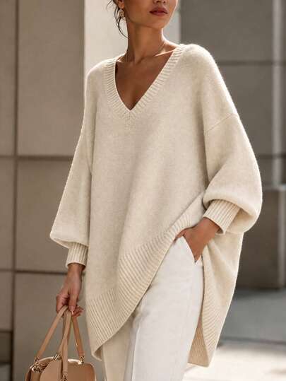 Early Autumn Slouchy V-Neck Long Knit Sweater Women Loose Drop Shoulder Long Sleeve Pullover Top, Soft Skin-Friendly Draping Slimming, Minimalist Versatile For Daily Commute