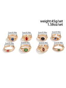 8 buah Cincin Emas Batu Permata Berwarna-warni Bertekstur Vintage, Cincin Pita Lebar Bergaya Antik dengan Rhinestone Berwarna-warni, Aksesori Perhiasan Tangan Unisex yang Dapat Ditumpuk dan Dipersonalisasi - Emas - View 8