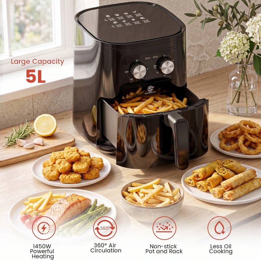 SUPERLEX Air Fryer, 8 Preset Mode Ovens, 5-Liter Cooking Oven, Temperature Adjustable Range 80-200°C, Built-In 60-Minute Timer Function, Non-Stick Inner Pot Design, Overheating Protection Mechanism, Automatic Power Off Function, Healthy Oil-Free, Low-Fat Cook