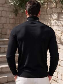 Men's Black Wool Turtleneck Knit Sweater, Slim Fit Solid Color Base Layer, Light Business Casual Inner Top - Black - View 5