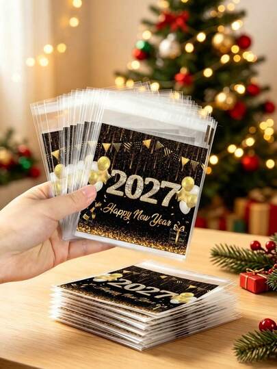 50/100pcs Black & Gold New Year Gift Bags, 2027 Happy New Year Printed Self-Adhesive Bags, New Year's Eve Party Supplies, Self-Adhesive Bags, New Year Party Small Gifts, Small Gift Packaging Bags, 2027 New Year Decorations, Tabletop Decor, Guest Favors, Holiday Gift Packaging Bags, Party Favors