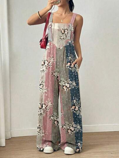 Ditsy Floral Square Neck Jumpsuit, Casual Spring/Summer Wear, Women's Jumpsuit, Women's Spring Clothing Vacation Elegant