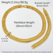 2pcs/Set 14K Gold Plated Copper Wide Cuban Chain Jewelry Set, Chunky Personalized Necklace & Bracelet, Vintage Hip Hop Daily Party Fashion Accessories, Unisex - Gold - View 7