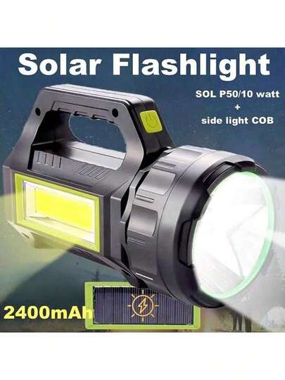 AUX LED Solar Flashlight, High-Brightness Rechargeable Handheld Flashlight, Supports Solar And USB Charging, IP44 Portable Spotlight (With Handle), Ideal For Camping, Hiking, Outdoor Activities, And Emergency Use