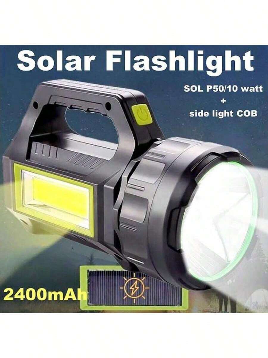 AUX مصباح يدوي LED بالطاقة الشمسية، مصباح يدوي عالي السطوع قابل للشحن، يدعم الشحن بالطاقة الشمسية وUSB، مصباح كشاف محمول IP44 (مع مقبض)، مثالي للتخييم والمشي لمسافات طويلة والأنشطة الخارجية والاستخدام في حالات الطوارئ