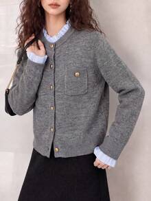 Women's Vintage Grey Knit Cardigan, Round Neck Long Sleeve Button Sweater, Autumn/Winter Fashion Regular Fit Cardigan - Grey - View 1