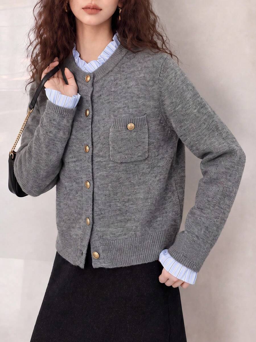 Women's Vintage Grey Knit Cardigan, Round Neck Long Sleeve Button Sweater, Autumn/Winter Fashion Regular Fit Cardigan - Grey - View 1