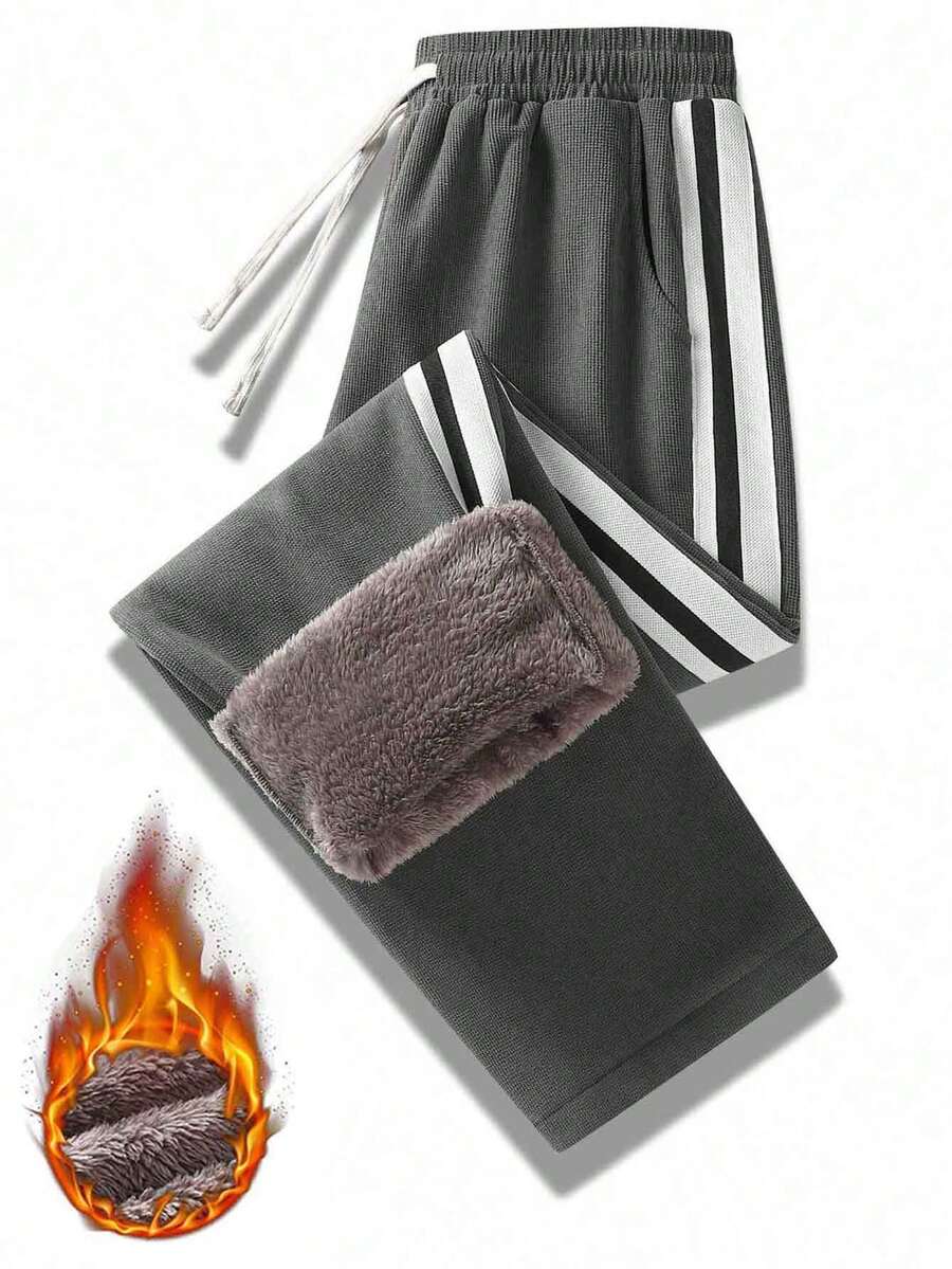 Men's Wool Lined Striped Sweatpants, Elastic Drawstring Waist Loose Straight Leg Pants, Thick Winter Casual Pants With Side Pockets - Grey - View 1