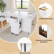 Elegant Dining Table In A Modern Style / Dining Table With Open Storage / Mobile Kitchen Worktop / With 2 Drawers / With Locking Casters / Tabletop Load Capacity Up To 60 Kg / Suitable For Kitchen, Living Room And Dining Room, White - White + MDF - View 6