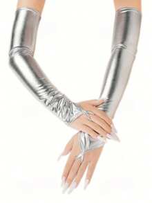 1 Pair PU Women's Long Arm Fingerless Gloves, Shiny Long Sleeve Covers For Party - Silver - View 2