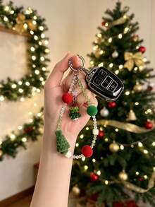 Natal - 1 Buah Gantungan Kunci Mobil Liontin Pohon Natal Manik-manik Kristal Imitasi Buatan Tangan (Casing Kunci Tidak Termasuk) - Gaya acak - View 4