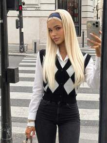 Women's Autumn/Winter College Style Argyle Knit Vest, Black V-Neck Button Sleeveless Layering Cardigan, Suitable For Christmas, Halloween, Thanksgiving Outfits - Black - View 9