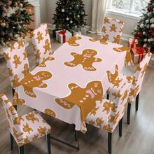 1PC/4PCS/5PCS/6PCS/7PCS/30PCS Light Pink Cute Gingerbread Man Print Tablecloth & Elastic Chair Cover Set, Non-Slip Washable Dining Tablecloth + Elastic Chair Covers, Suitable For Christmas Eve Dinner, Christmas Family Gathering, Holiday Party, Home Dining Table Decoration - Baby Pink - View 10