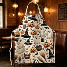 1pc Halloween Magic Party Print Apron - Halter Neck Sleeveless Design With Ghost, Pumpkin Lantern, Candy, Cauldron And Magic Wand Patterns, Suitable For Kitchen Cooking, Housework Cleaning And Halloween Party Use, Home Decor, Atmosphere Apron, Fun Home Daily Necessities, Joyful Holiday Gift - Multicolor - View 3