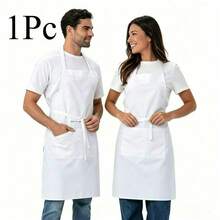2 Pockets Apron, Unisex Adjustable Bib Apron For Chef, Suitable For Kitchen Cooking, BBQ, Restaurant - White - View 6