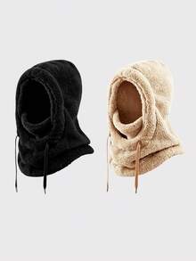 1/2 Pcs Unisex Thick Fluffy Faux Fur Integrated Hood Scarf Balaclava, Drawstring Adjustable Full‑Cover Thermal Hooded Neck Gaiter - Multicolor - View 14